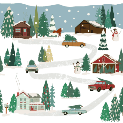 Snowy tree farm, vintage cars, winter scene, retro village, christmas tree, snowy cabin, Christmas tree farm